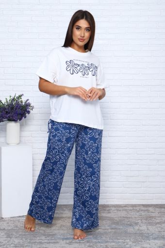 055 Костюм с брюками (Молочный, синий) - Модно-Трикотаж