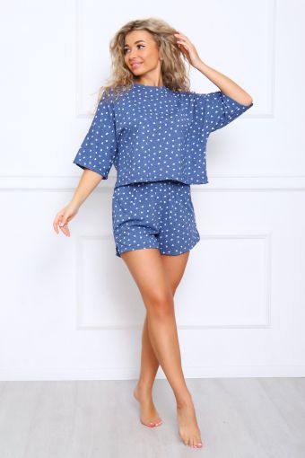 Пижама с шортами и футболкой 362 (Сердечки на синем) - Модно-Трикотаж