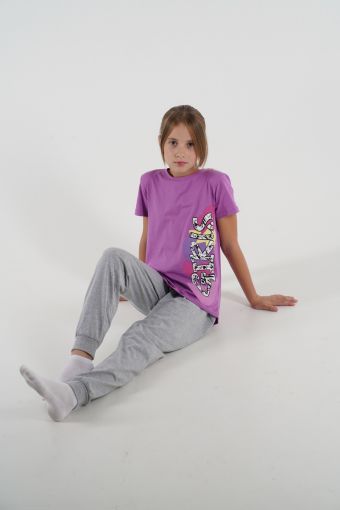 Пижама для девочки 91196 (Лиловый/серый меланж) - Модно-Трикотаж
