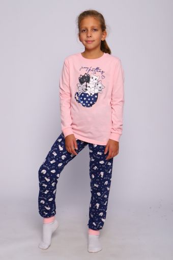 Пижама Веселая Компания длинный рукав детская (Розовый/т.синий) - Модно-Трикотаж