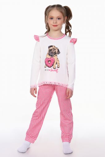 Пижама для девочки Мопс арт. ПД-016-032 (Крем/розовая клетка) - Модно-Трикотаж