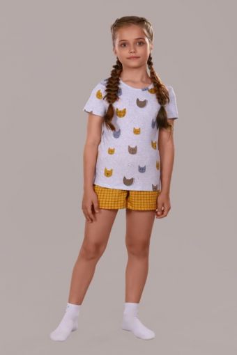 Пижама для девочки Кошки арт.ПД-009-024 (Серый меланж/горчичный) - Модно-Трикотаж