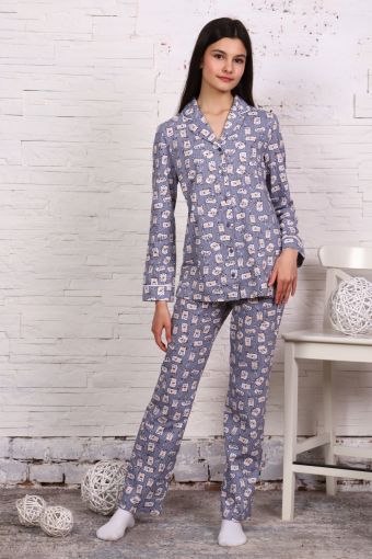 Пижама-костюм для девочки арт. ПД-006 (Коты-полоска серые) - Модно-Трикотаж