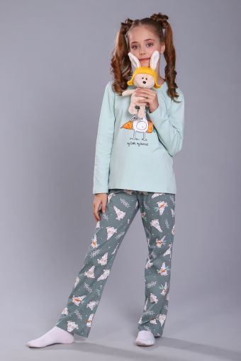 Пижама для девочки Зайцы-морковки арт. ПД-15-048 (Ментол/зеленый) - Модно-Трикотаж