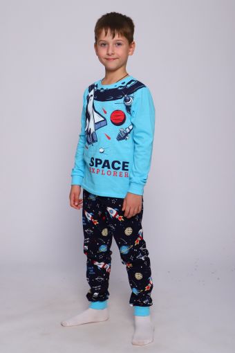 Пижама Орбита длинный рукав детская (Синий/бирюзовый) - Модно-Трикотаж