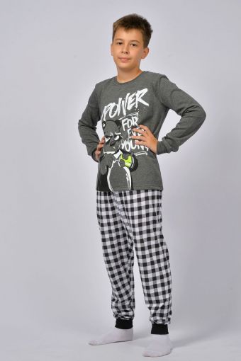 Пижама для мальчика 92213 (Темно-серый меланж/черная клетка) - Модно-Трикотаж