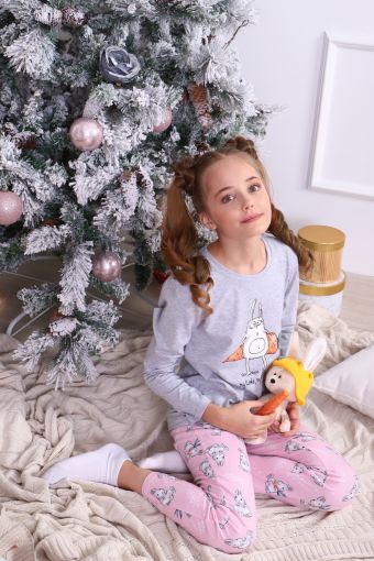Пижама для девочки Зайцы-морковки арт. ПД-15-048 (Серый меланж/розовый) - Модно-Трикотаж