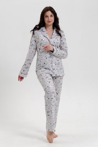 Пижама женская с брюками арт. ПД-006В (Собачки светло-серые) - Модно-Трикотаж