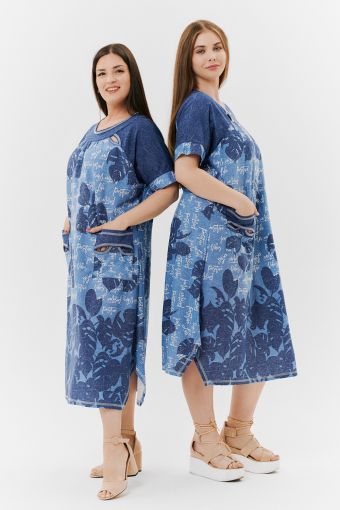 Платье 9136 (Монстеры синие) - Модно-Трикотаж