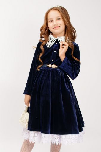 Платье бархатное для девочки со съемным воротником SP0061 (Темно-синий) - Модно-Трикотаж
