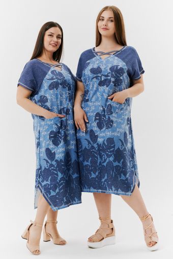 Платье 9137 (Монстеры синие) - Модно-Трикотаж