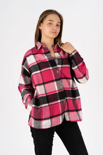 Рубашка женская в клетку 6355 (Розово-черная клетка) - Модно-Трикотаж