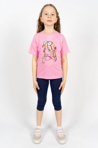 Комплект для девочки 41105 (футболка_ бриджи) (С.розовый/синий) - Модно-Трикотаж