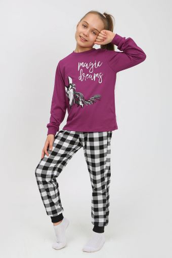 Пижама 91238 для девочки (джемпер, брюки) (Пурпурный/черная клетка) - Модно-Трикотаж