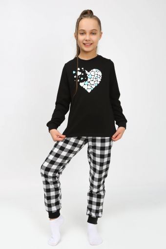 91232 Пижама для девочки (джемпер, брюки) (Черный/черная клетка) - Модно-Трикотаж