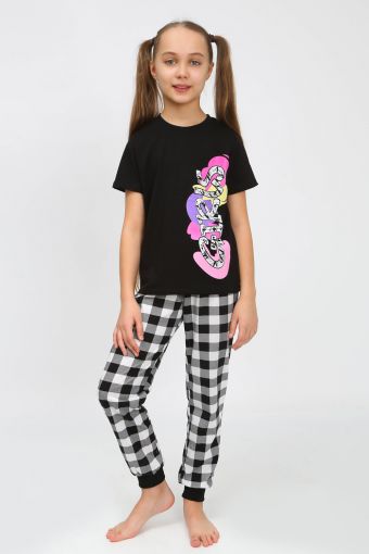 91240 Пижама для девочки (футболка, брюки) (Черный/черная клетка) - Модно-Трикотаж