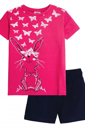 Комплект для девочки 41106 (футболка_ шорты) (Розовый/т.синий) - Модно-Трикотаж