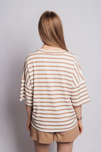 Комплект женский (футболка_шорты) 4357 (Белый/коричневая полоска) (Фото 2)