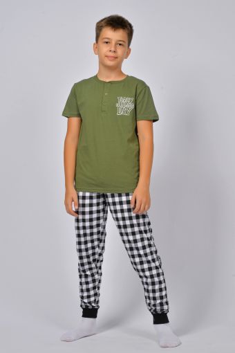 Пижама для мальчика 92219 (Хаки/черная клетка) - Модно-Трикотаж