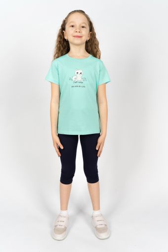 Комплект для девочки 41108 (футболка _ бриджи) (Мятный/т.синий) - Модно-Трикотаж