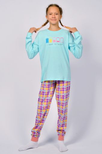 Пижама для девочки 91227 (Мятный/розовая клетка) - Модно-Трикотаж