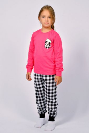 Пижама для девочки 91220 (Ярко-розовый/черная клетка) - Модно-Трикотаж