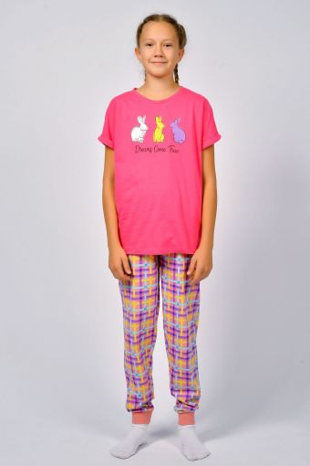 Пижама для девочки 91226 (Ярко-розовый/розовая клетка) - Модно-Трикотаж