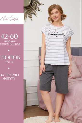 Комплект жен: фуфайка (футболка), шорты Mia Cara SS23WJ354 Sweety Wink темно-серый меланж/полоска (Темно-серый меланж/полоска) - Модно-Трикотаж