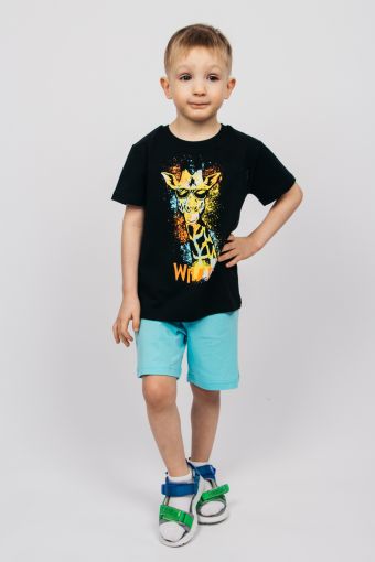 Комплект для мальчика (футболка и шорты) 42114 (Черный/яр.бирюзовый) - Модно-Трикотаж