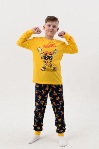 Пижама Пицца детская длинный рукав с брюками (Желтый-т.синий) - Модно-Трикотаж