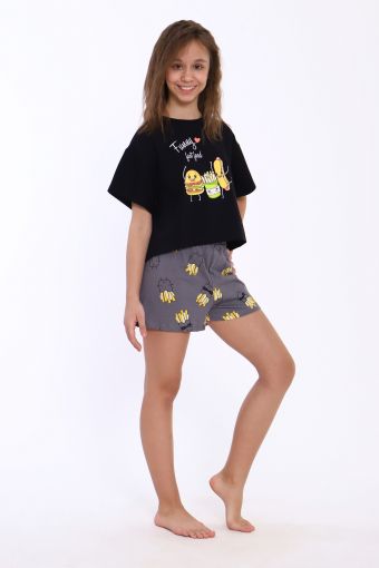 Пижама для девочки Картошка фри арт. ПД-019-046 (Черный/серый) - Модно-Трикотаж