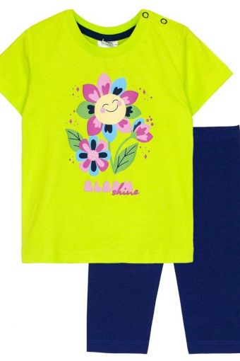 Комплект для девочки (футболка_бриджи) 41132 (Салатовый/т.синий) - Модно-Трикотаж
