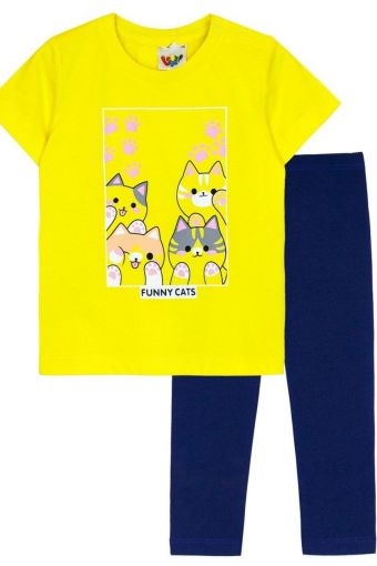 Комплект для девочки (футболка_лосины) 41135 (Желтый/т.синий) - Модно-Трикотаж